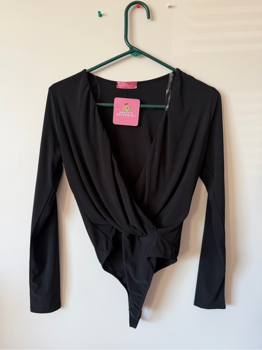 Blooming Black Wrap-Front Long Sleeve Bodysuit - Women